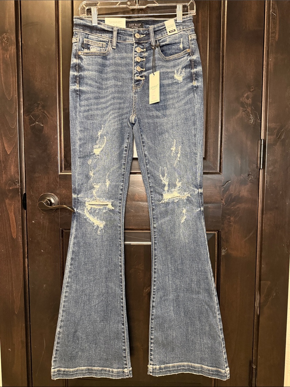 Judy Blue Mid-Rise Distressed Trouser Flare Jeans - Blue